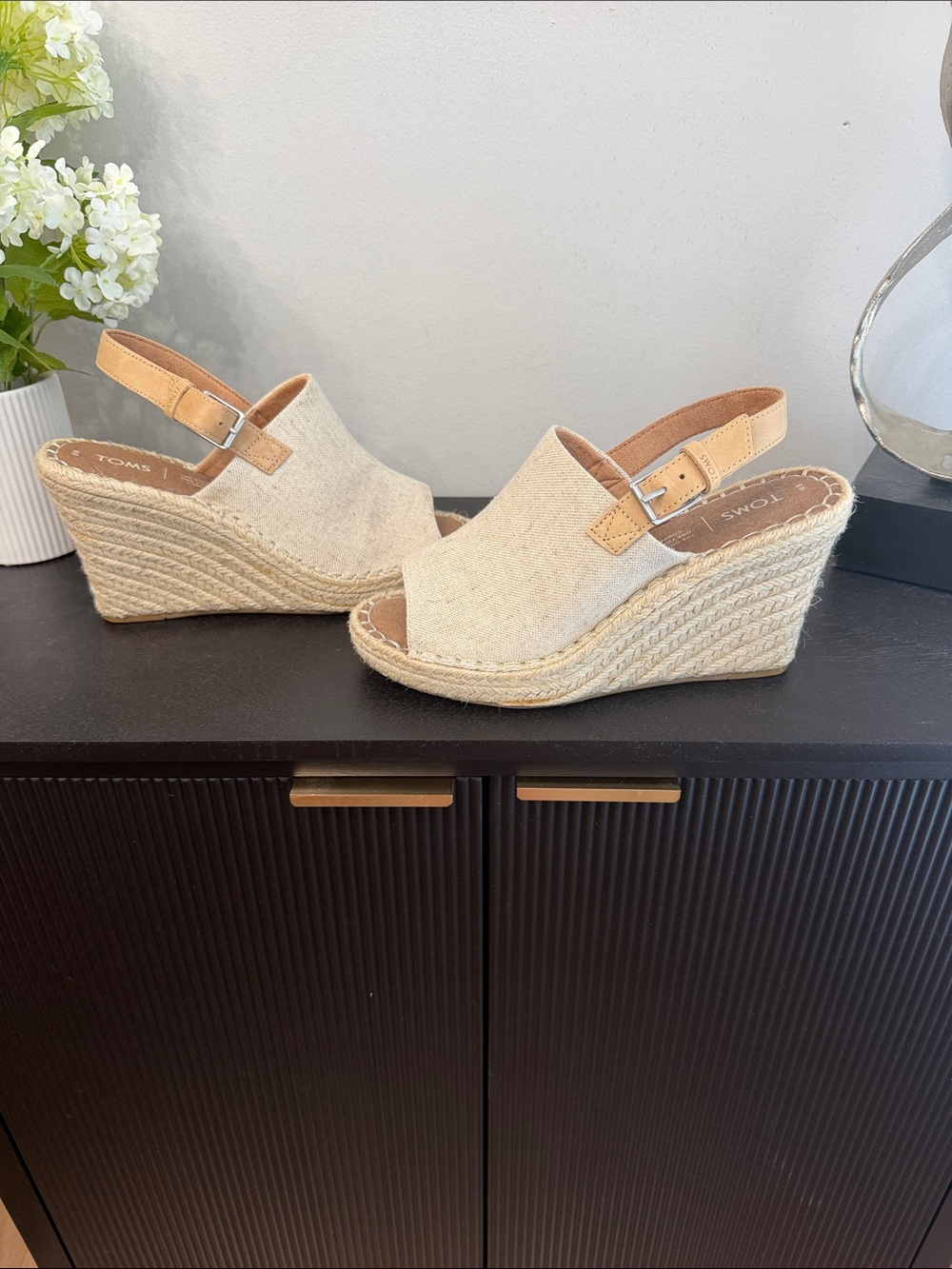 TOMS Beige Canvas Espadrille Wedge Sandals